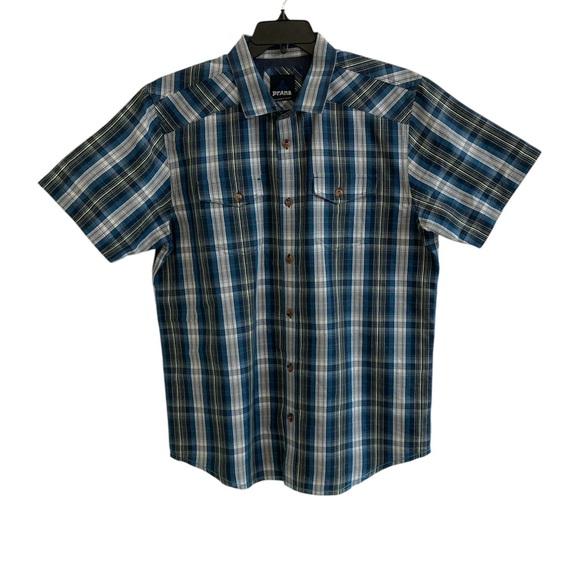 Prana Shirt Mens XL Short Sleeve Button Up Plaid Blue Gray Organic Cotton Blend - Picture 1 of 7
